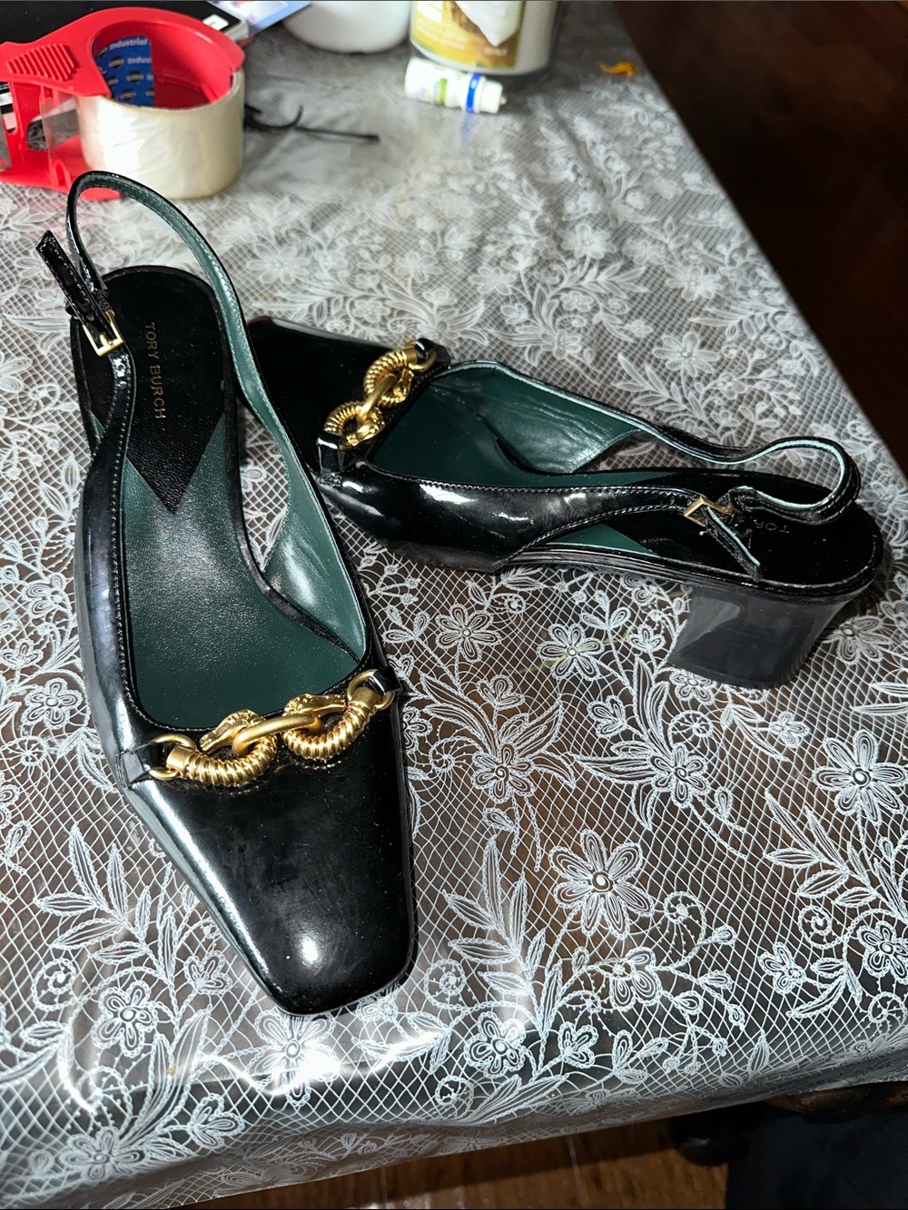 Tory Burch Black Patent Slingback Pumps with Gold Chain Accent